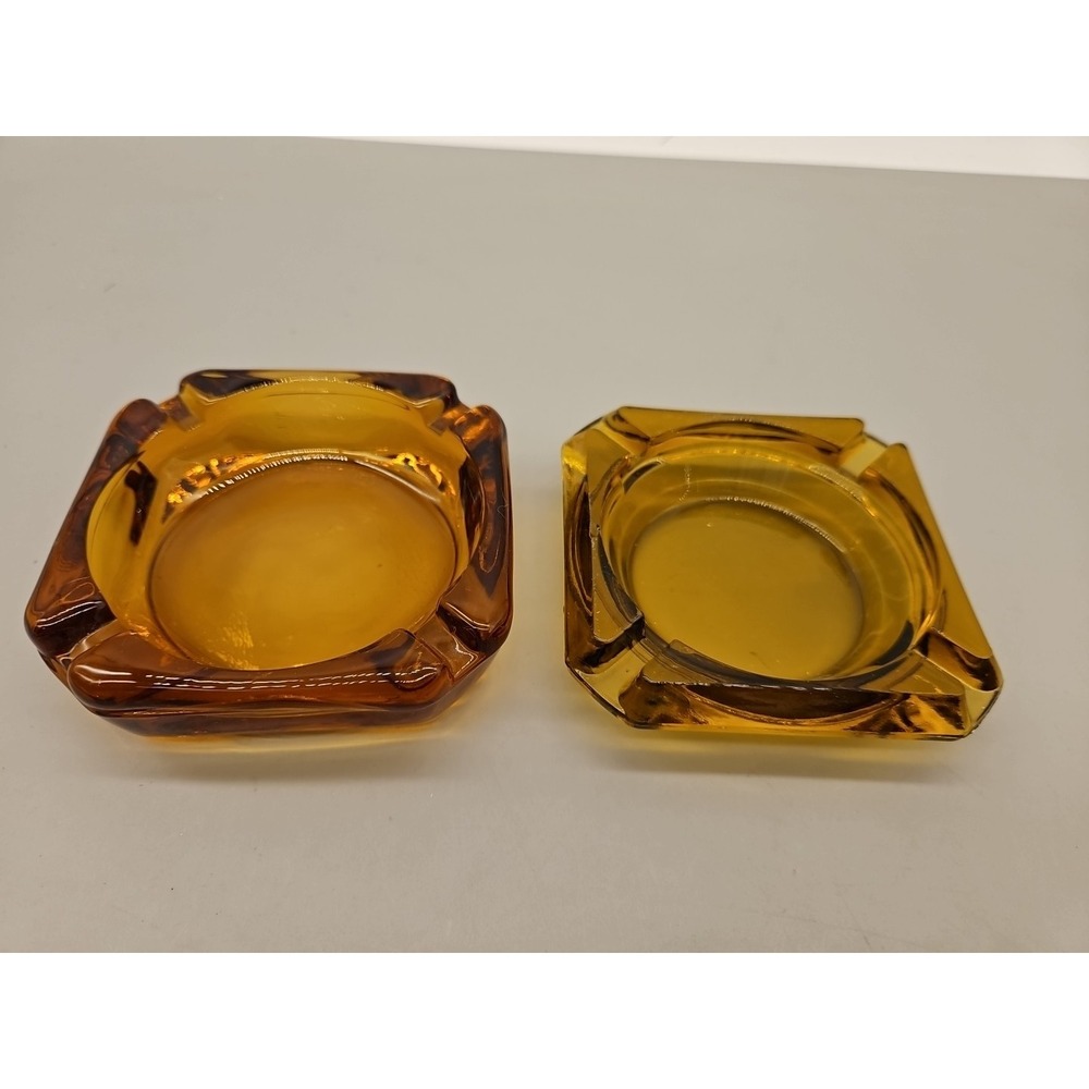 Vintage Square Brown Amber Glass Ashtrays Lot Of 2 Pre-Owned One Chip See Pics